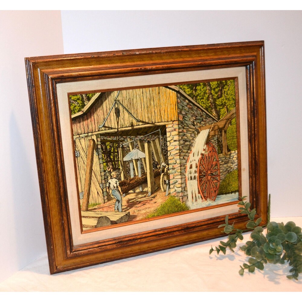 Vintage Painting Country Lumber Mill H. Hargrove